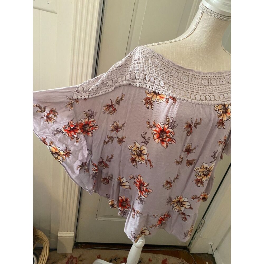 Entro Lavender Off The Shoulder Short Bat Sleeve Riffled Hem Top Size L - Picture 3 of 8